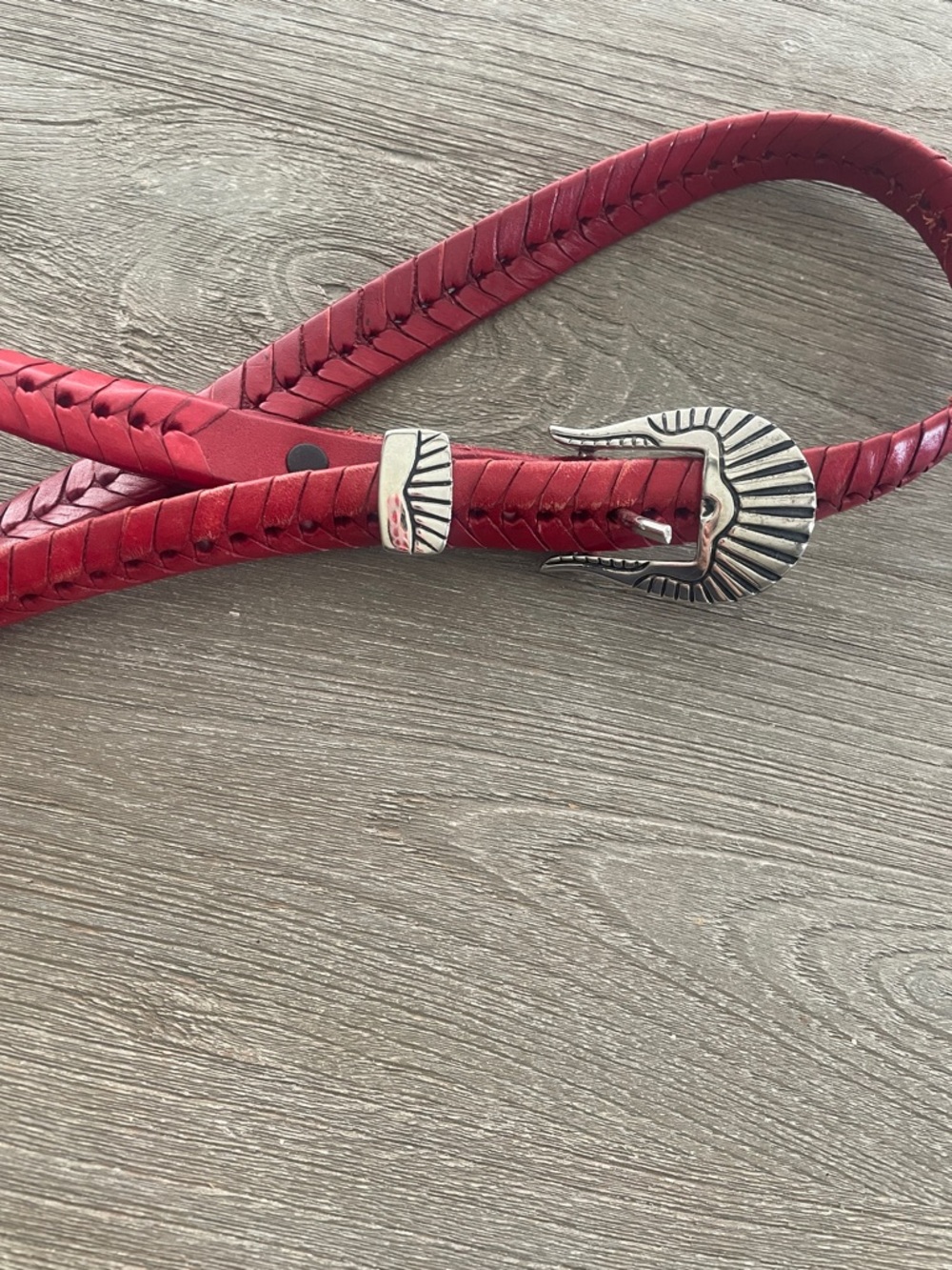 Handmade Red Braided Leather Belt with Silver Buckle